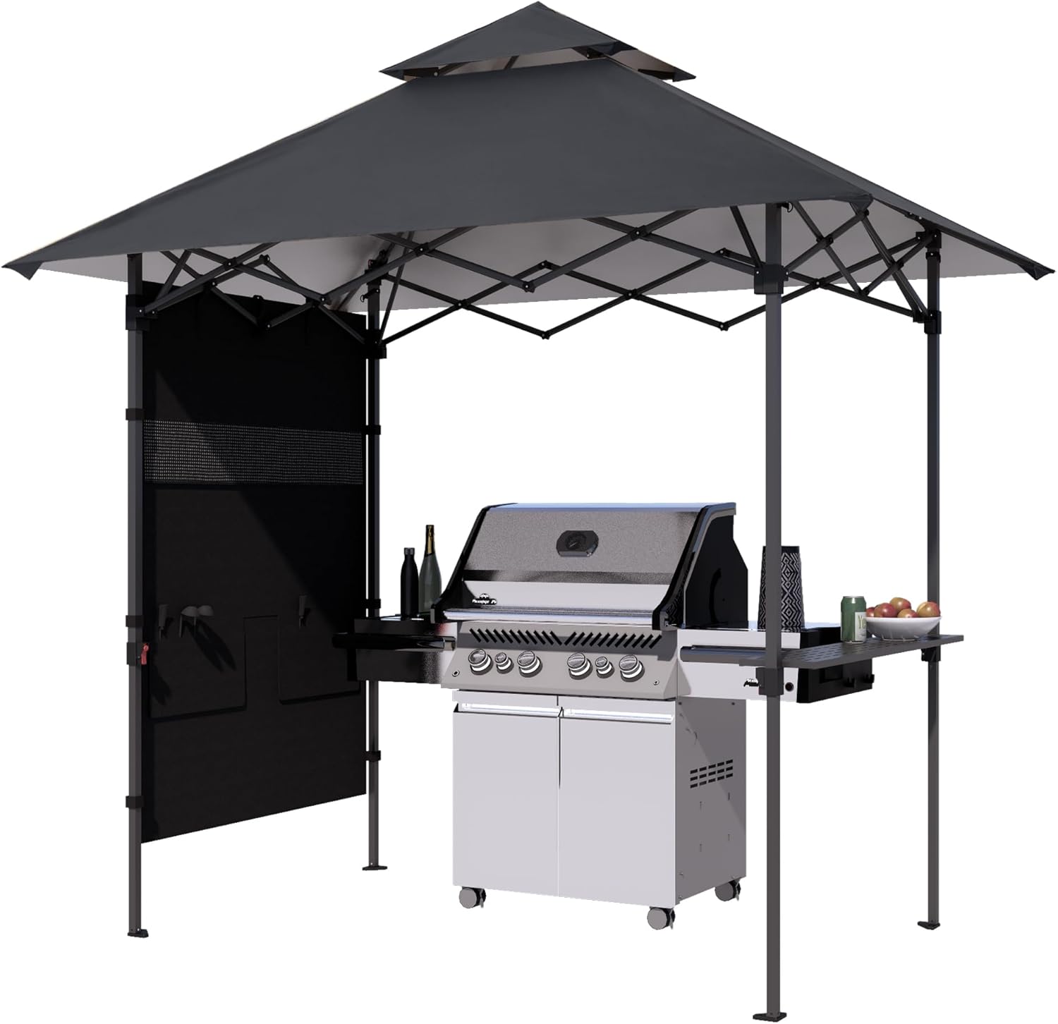 ABCCANOPY 8x5 Pop Up Grill Gazebo - Outdoor BBQ Canopy with Shelf & Sidewall, Portable Barbeque Shelter with 2 Magnetic LED Lights, Carry Bag for Patio Garden Events Picnic Grilling, Dark Gray