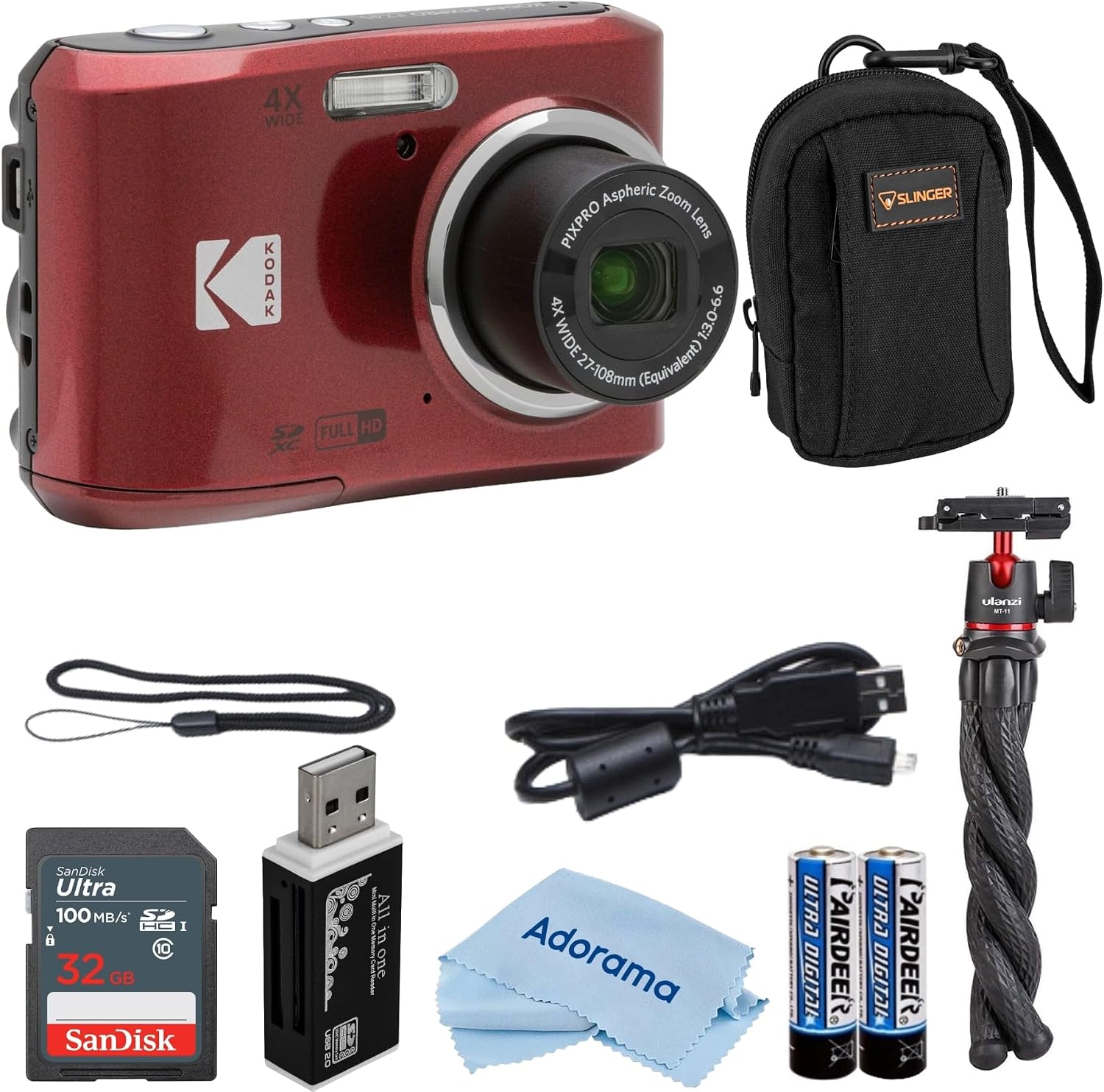 Kodak PIXPRO FZ45 Friendly Zoom 16MP Full HD Digital Camera, Bundle with 32GB Memory Card and Camera Bag, Flexible Tripod, and Card Reader (Red)