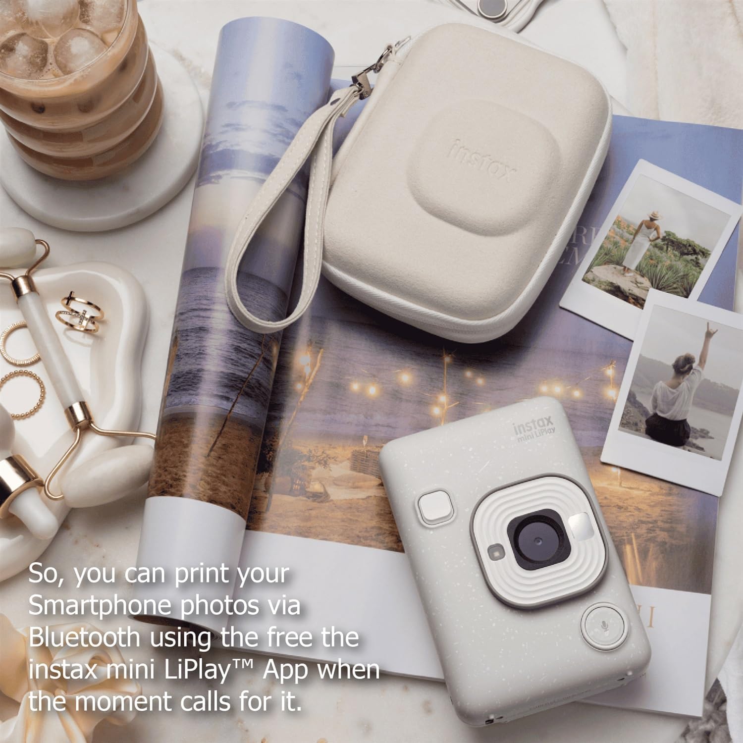 Fujifilm INSTAX Mini LiPlay Hybrid Instant Camera Bundle with 20 Sheets INSTAX Mini Film, 32GB microSD Card, USB Charging Cable, Hand Strap, Cleaning Cloth (Misty White)