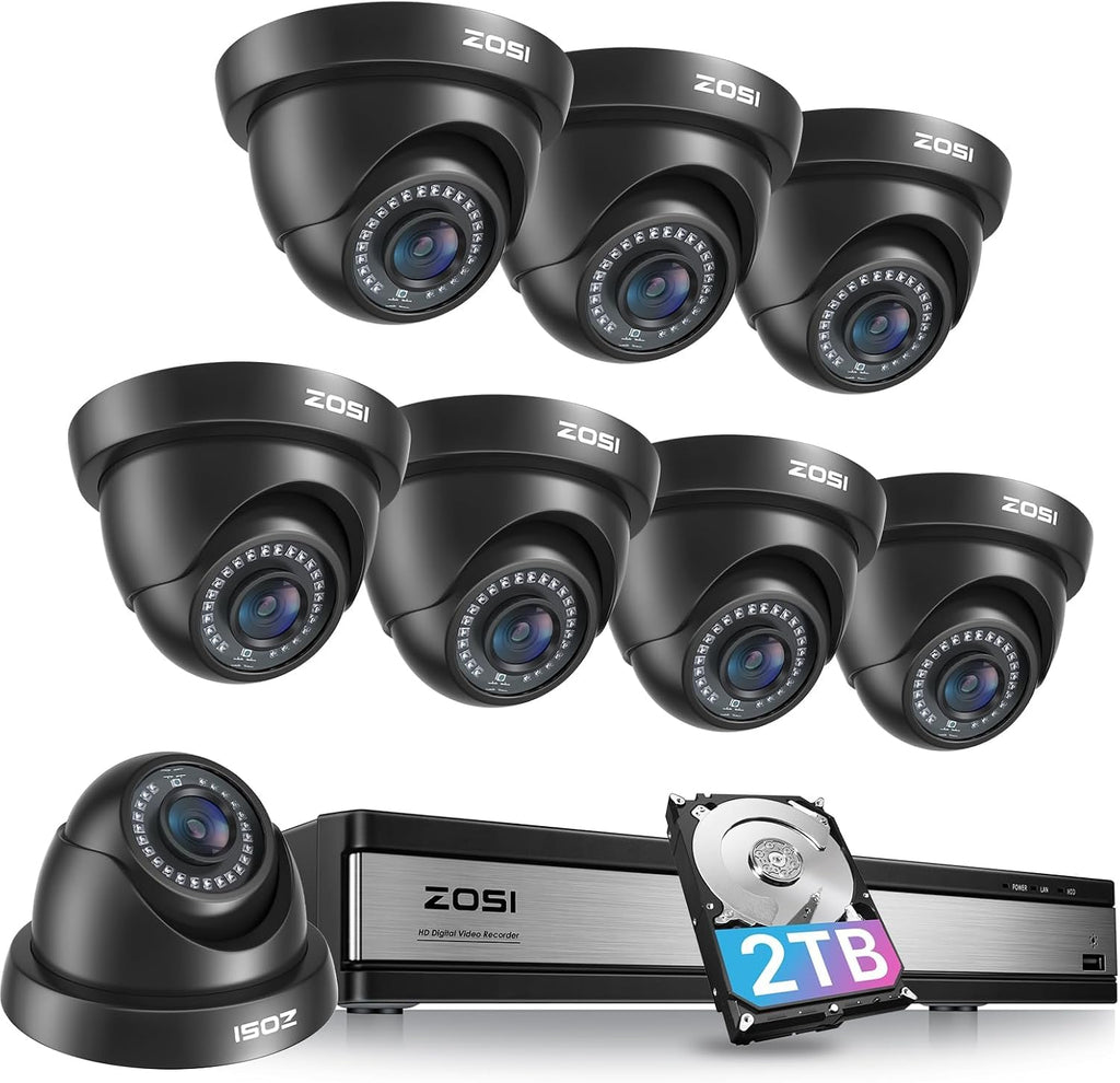 ZOSI 16 Channel Security Camera System 1080p, 2MP H.265+ Hybrid 16CH DVR with AI Human Vehicle Detect, 8 x 1080p CCTV Dome Camera Outdoor, 80ft Night Vision, 90° View Angle, Remote Access, 2TB HDD