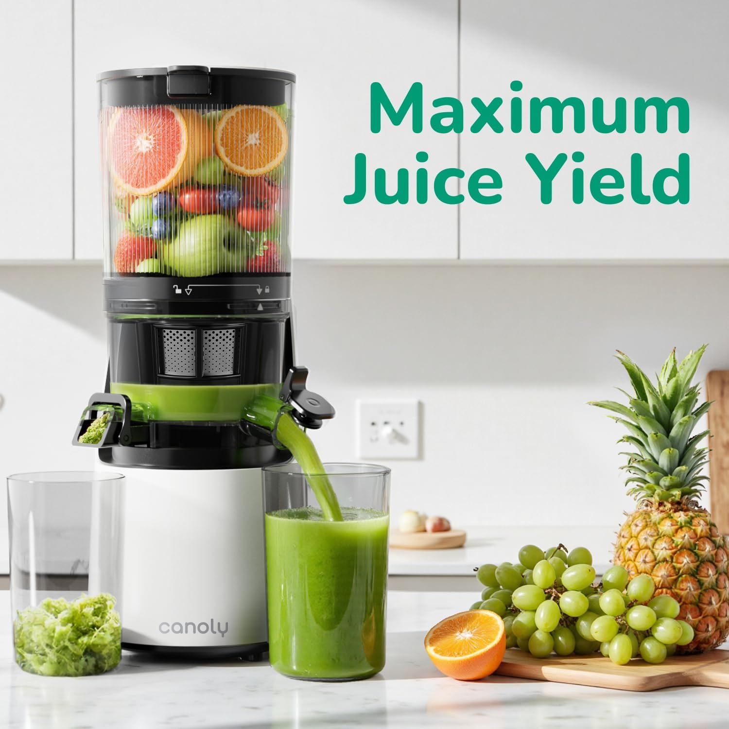 Canoly C16 Cold Press Juicer, 6' Extra Wide Feed Chute, 3-IN-1 Strainers (Juice & Sorbet & Nut Milk), Powerful AC Brushless Motor, Self Precut System, Juicer Machines with BPA-Free (Pearl White)