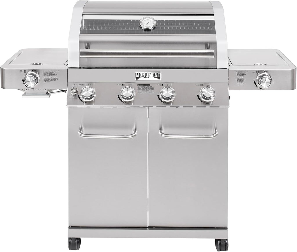 Monument Grills Larger 4+2 Burner Propane Gas Grills Stainless Steel Cabinet Style with Clearview® Lid, Knob Controls, Built-In Thermometer, Infrared Side Sear Burners & Side Burners, Outdoor Use