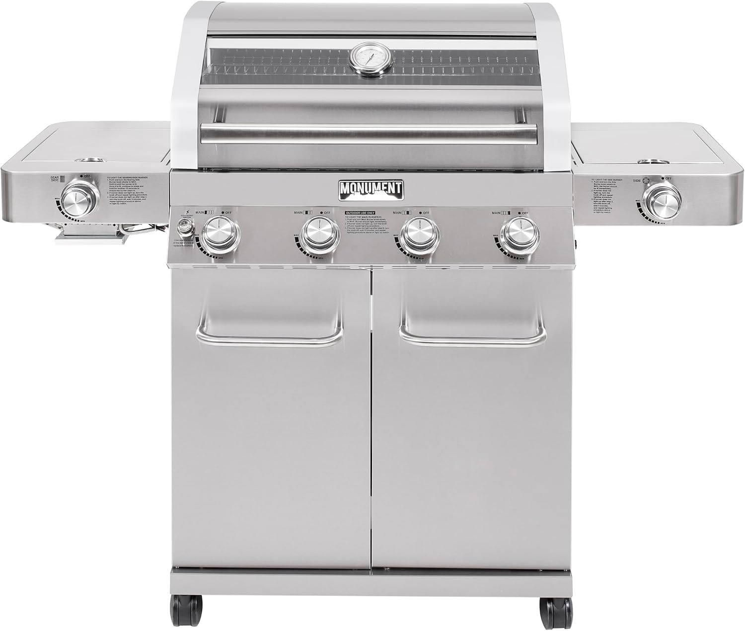 Monument Grills Larger 4+2 Burner Propane Gas Grills Stainless Steel Cabinet Style with Clearview® Lid, Knob Controls, Built-In Thermometer, Infrared Side Sear Burners & Side Burners, Outdoor Use