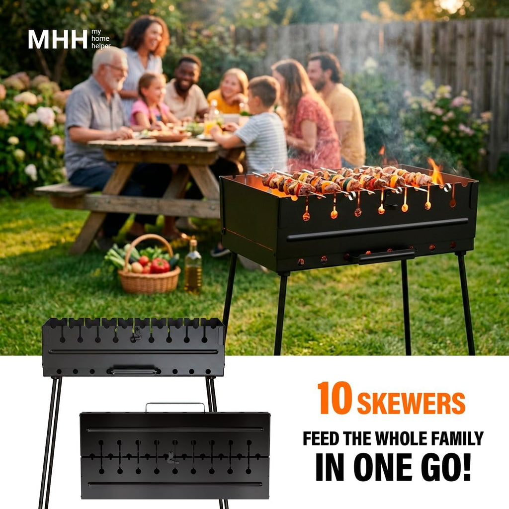 Charcoal Grill for 10 Skewers - Portable Barbecue Kabob Camp Grills - Foldable Metal Mangal - Kebab Shish BBQ for EDC Picnic Outdoor Cooking Camping Hiking (Skewers Not Included)