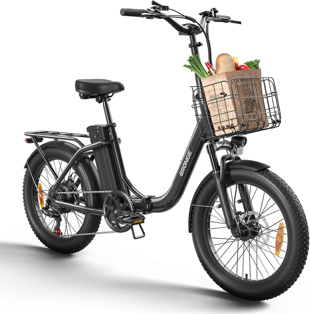 QRONGE Electric Bike, 1000W Peak Folding Electric Bike, 486Wh 70 Miles Range Ebike, 20' Step-Thru Bicycle with Front Basket, Waterproof Removable Battery, 7 Speed, 25 MPH Max