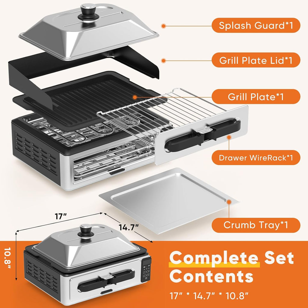 OLIXIS Electric Grill Indoor for Steak and Veggies, Smokeles Griddle with Lid for Kitchen Cooking, Countertop Oven Includes Temp Control/Grill Plate/Splash Guard/Crumb Tray, Silver