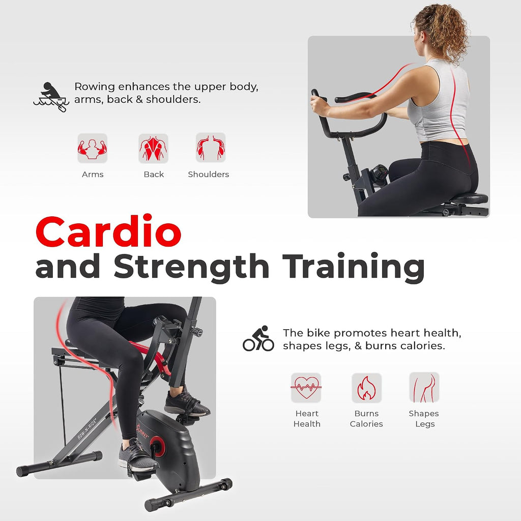 Sunny Health & Fitness Row-N-Ride PRO, Full Body Combo Squat Machine w/Optional Resistance Band, Easy Setup Ab Workout Exercise Equipment for Home, Whole Body Cardio, Optional SunnyFit App Connection