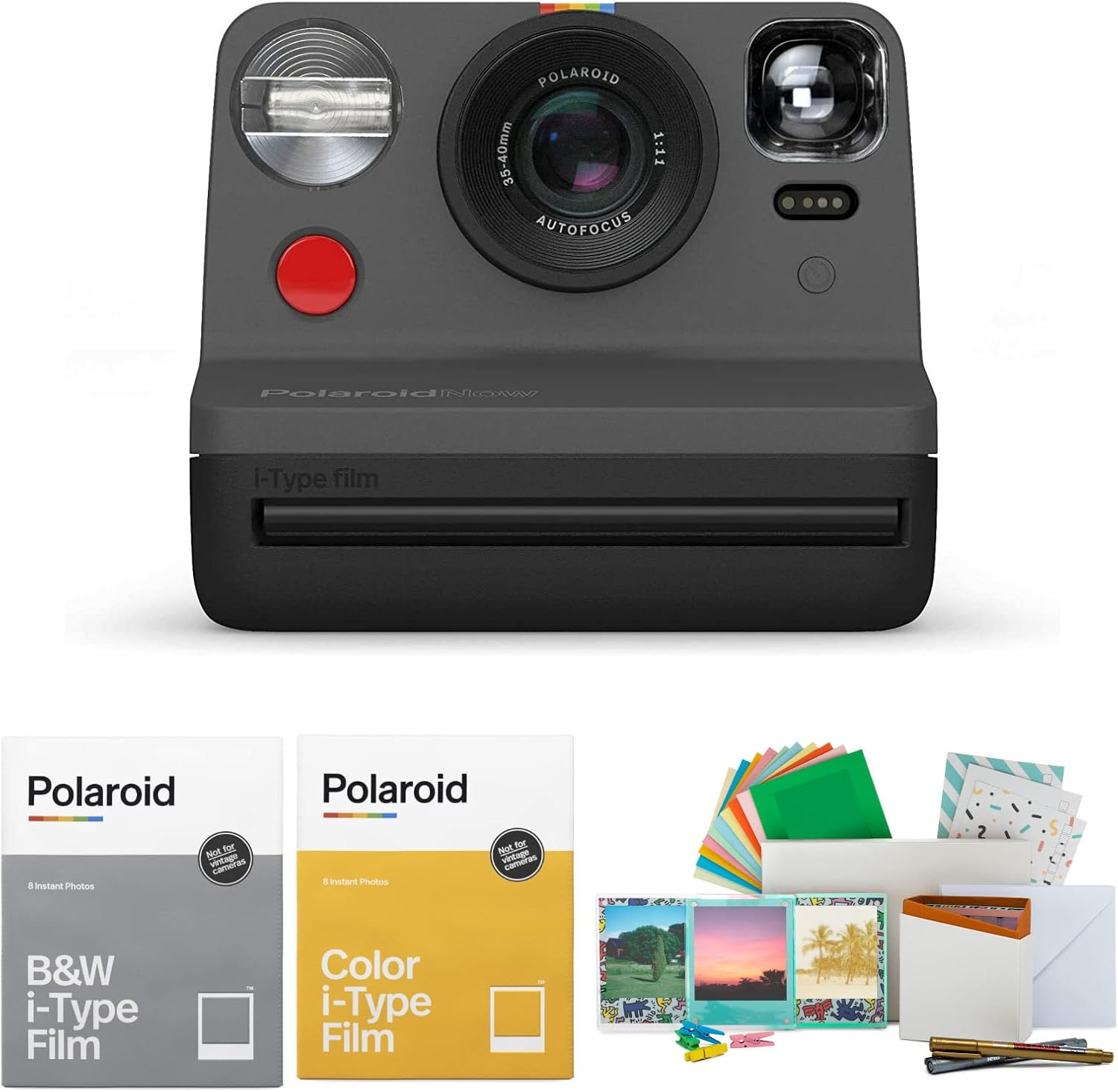 Polaroid Originals Now Viewfinder i-Type Instant Camera (Black) Bundle with Color and B&W Instant Film and Reusable Vintage Photo Accessory Kit - Perfect Photography Gift for Kids (4 Items)