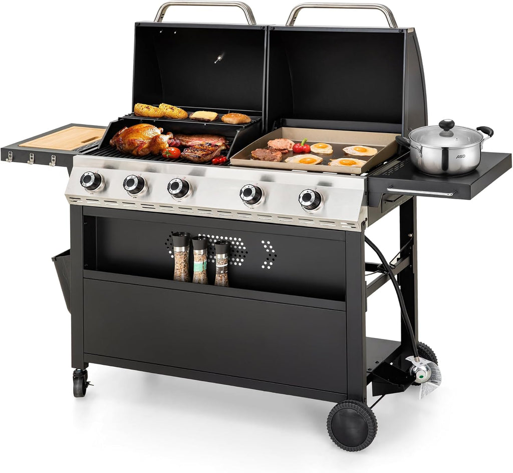 MFSTUDIO 5 Burner Gas Grill Griddle Combo with Porcelain-Enameled Cast Iron Grates,Cutting Board and Double Lids, Duel-Function Propane BBQ Grills with Flat Top Grddle for Outdoor Barbecue Cooking