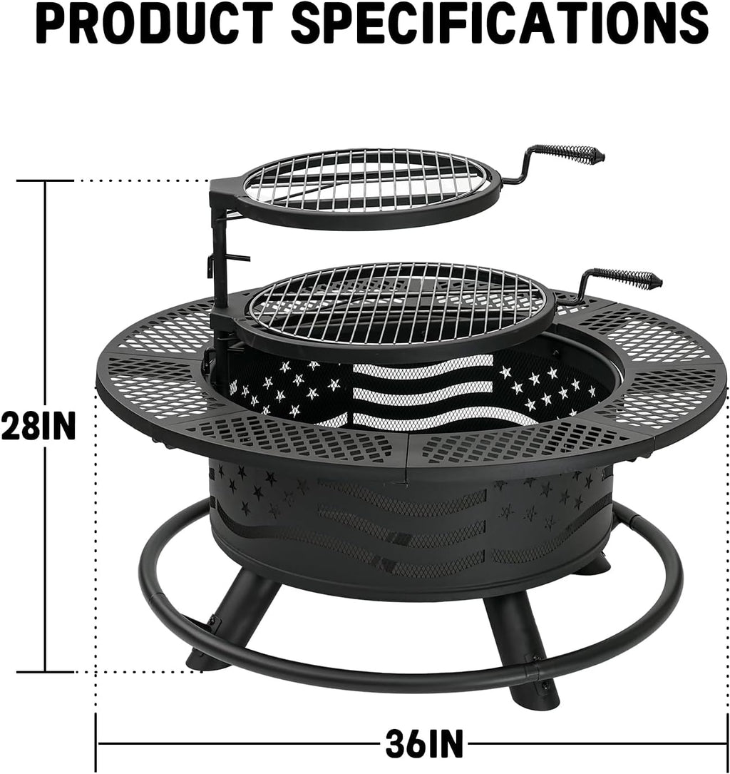 Panovue 36 Inch Fire Pit with 2 Cooking Grates, Outdoor Wood Burning BBQ Grill Firepit Bowl with Cover Lid, Steel Round Table for Backyard Bonfire Patio Picnic (Black, 36IN)