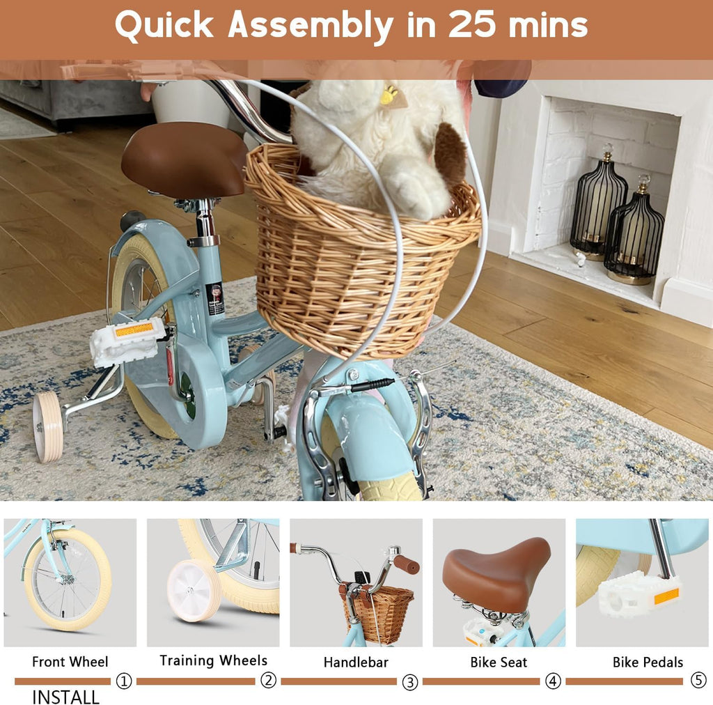 Glerc Little Molly 12-20 Inch Kids Retro Cruiser Bike for 2-13 Year Old with Wicker Basket & Training Wheels/Kickstand, Multiple Colors