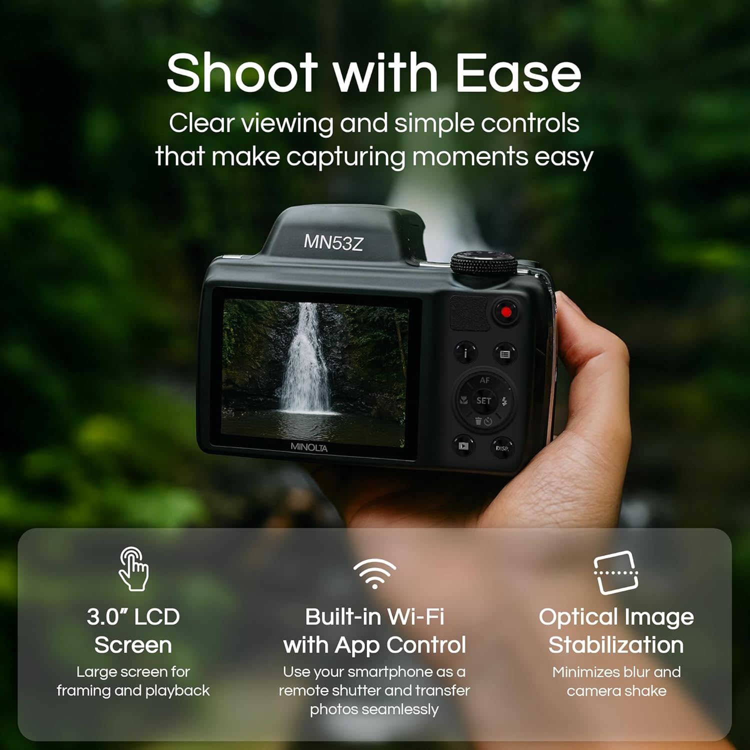 Minolta Pro Shot 16MP HD Digital Camera – 53x Optical Zoom, 1080p Full HD Video, Optical Stabilization, 3-inch LCD, Panorama, HDR, Face Detection, Smart Modes, 16GB Card (Black)