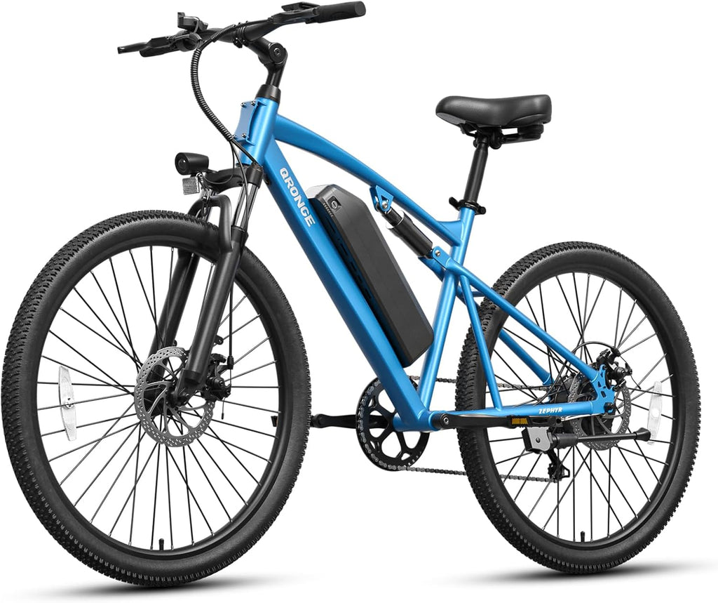QRONGE Electric Bike for Adults, Full Suspension Ebike, 1000W Peak Motor 486Wh Battery, 28MPH(PAS Mode) Mountain Electric Bicycles, 26'' Tire, 7 Speed, Up to 70 Miles, Zephyr