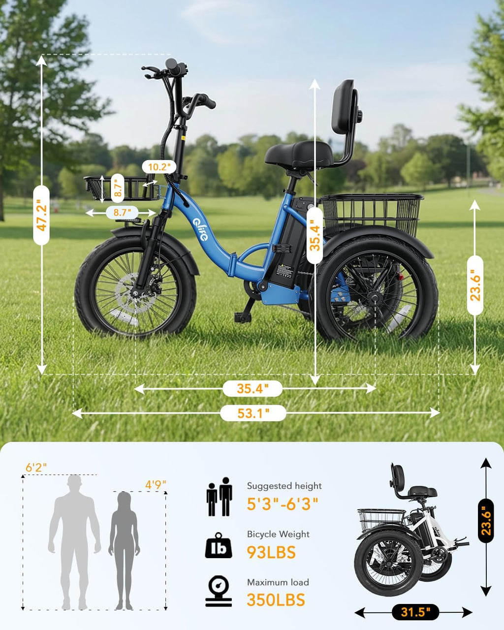 Qlife Triker Electric Bike, 1200W Brushless Motor Folding Trike Ebike, 48V10.4AH Removable Battery, 3 Wheel Electric Bicycle, 18 Tire Tricycle for Adults