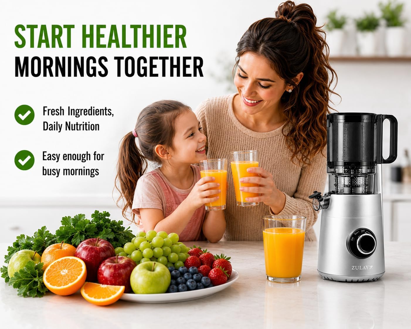 Zulay Kitchen Juicer Machine with 5' Wide Feed Chute, Cold Press Slow Masticating Juicer for Whole Fruits & Vegetables, Easy to Clean Stainless Steel Blades, High Juice Yield - Silver