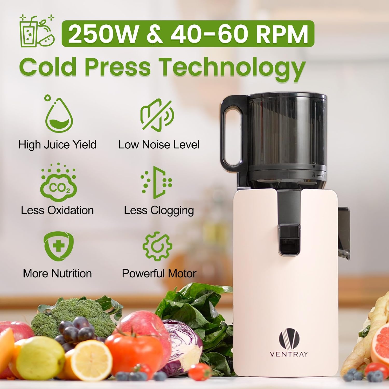 Ventray Cold Press Juicer, Slow Masticating Juicer Machine with 4.7' Wide Feed Chute for Whole Vegetables & Fruits, Juice Extractor High Juice Yield, Easy to Clean