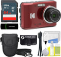Kodak PIXPRO FZ45 16MP Digital Camera 4X Optical Zoom 27mm Wide Angle 1080P Full HD Video 2.7' LCD Camera (Red) + 64GB Card and Reader + Case + Memory Wallet + Tripod + Cleaning Bundle