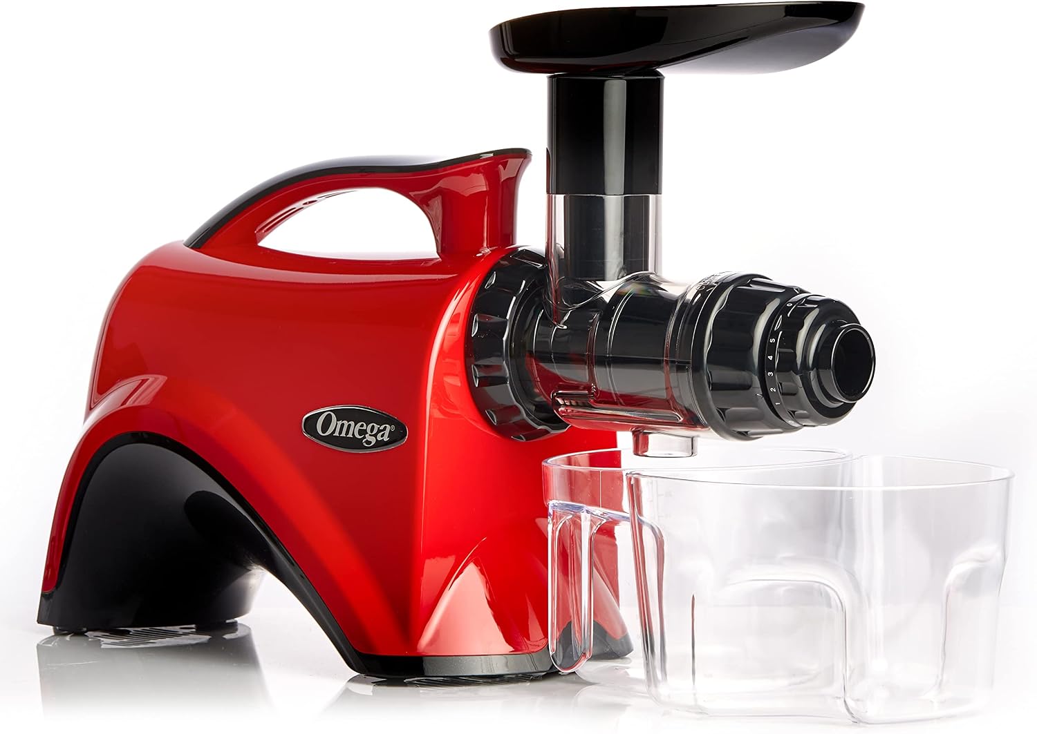 Omega Juicer Premium Vegetable and Fruit Juice Extractor and Nutrition System Makes Nut Milks Baby Food and Sorbets, Adjustable Pressure Settings 80-RPM Slow Masticating Juicer, 150-Watts, Red