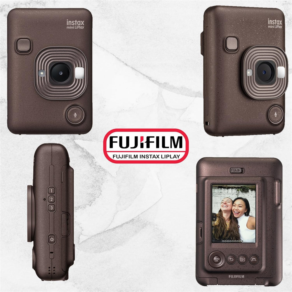 Fujifilm INSTAX Mini LiPlay Hybrid Instant Camera Bundle with 20 Sheets INSTAX Mini Film, 32GB microSD Card, USB Charging Cable, Hand Strap, Cleaning Cloth (Deep Bronze)
