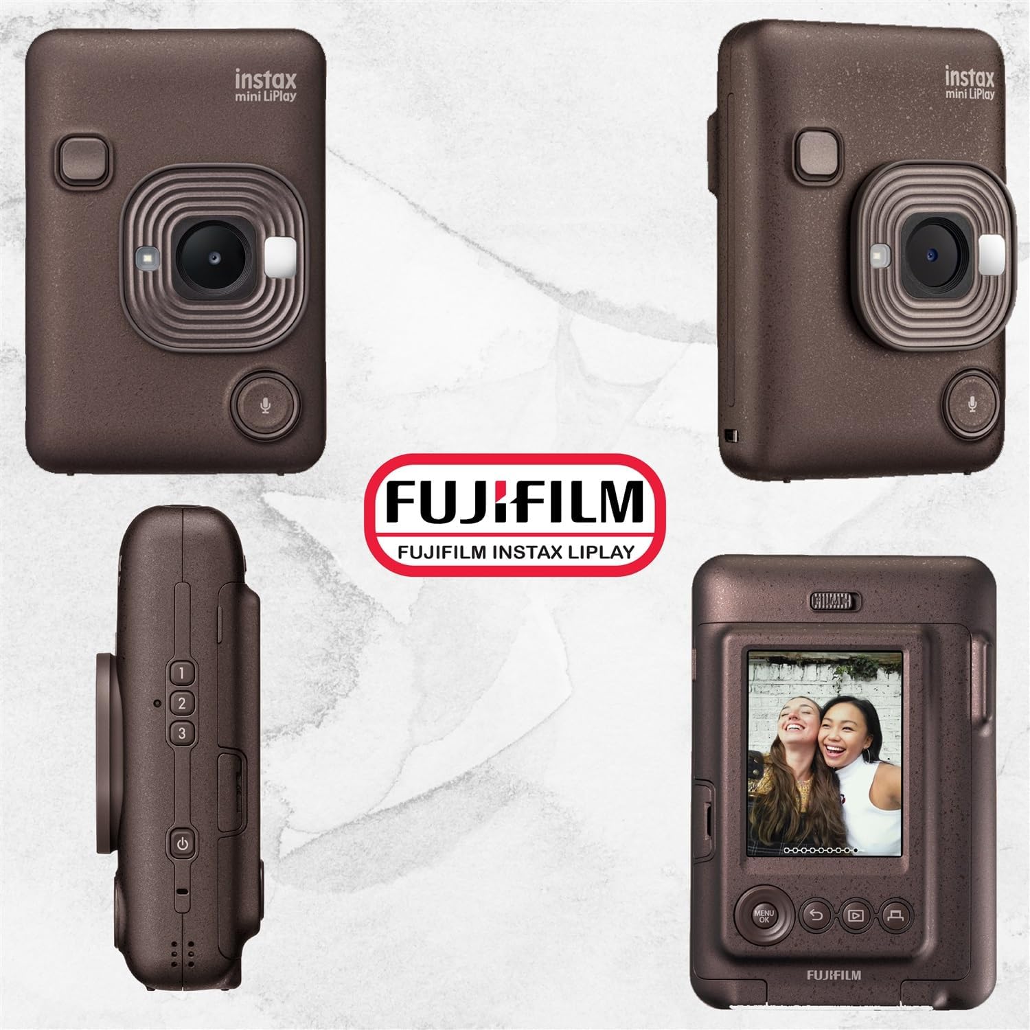 Fujifilm INSTAX Mini LiPlay Hybrid Instant Camera Bundle with 20 Sheets INSTAX Mini Film, 32GB microSD Card, USB Charging Cable, Hand Strap, Cleaning Cloth (Deep Bronze)