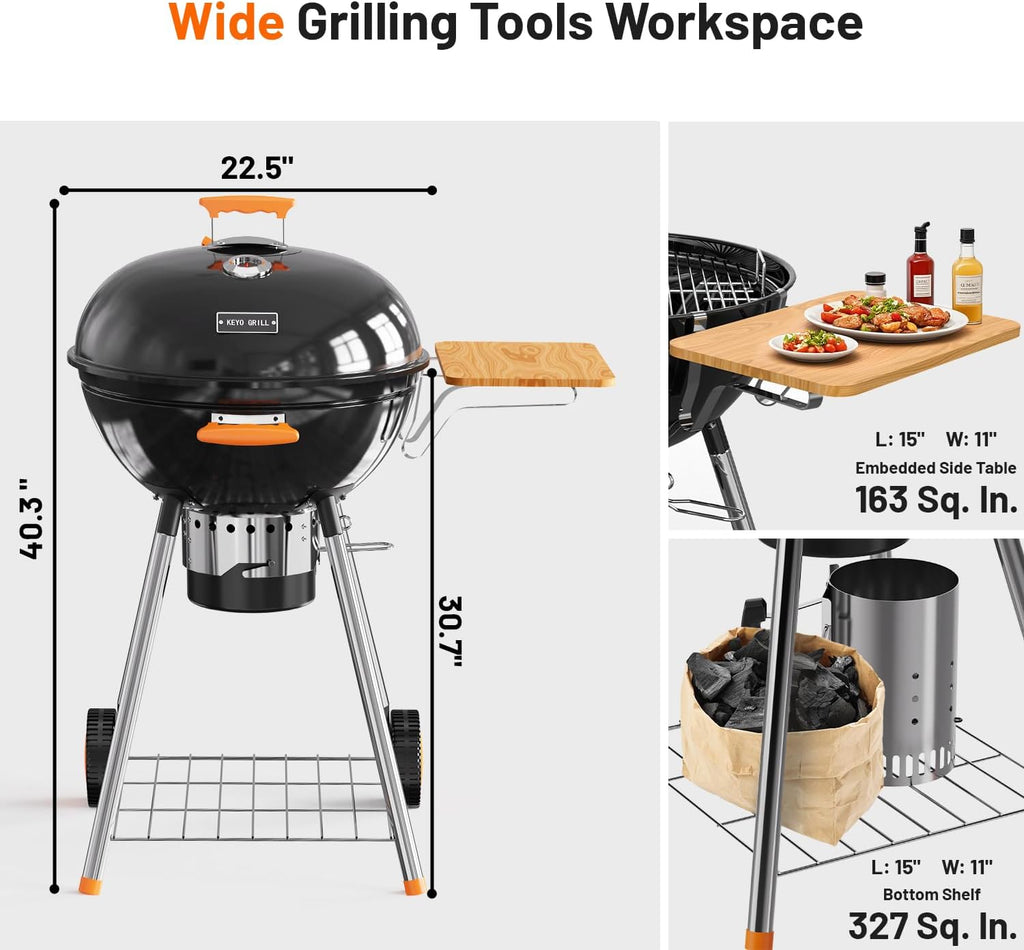 KEYO GRILL 22.5-inch Kettle Charcoal Grills, Portable Charcoal Grill with Adjustable Vents, One Click Cleaning System, Walnut Side Table Outdoor BBQ Grill for Camping, Tailgating and Backyard