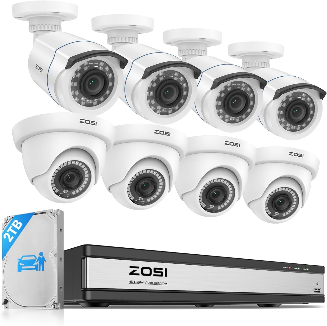 ZOSI Full 1080p 16 Channel Home Security Camera System with AI Human Vehicle Detect, 8 x 1080p Weatherproof CCTV Bullet Dome Camera Outdoor, H.265+ 16CH DVR with 2TB HDD, Night Vision, Alert Push