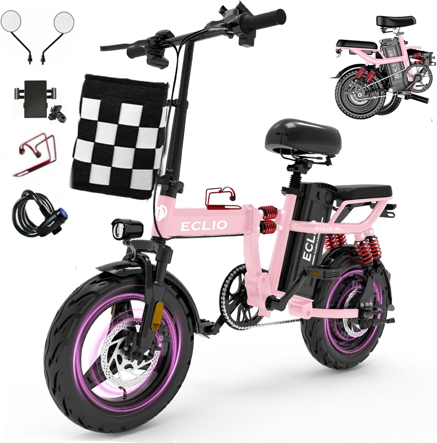 DDC SPORT Folding Electric Bike for Adults, Peak 800W Motor 25MPH, 48V 14Ah Removable Battery 35-55Miles Ebike,14'' Lightweight & Portable Adults Electric Bicycles for Men/Women/Teens