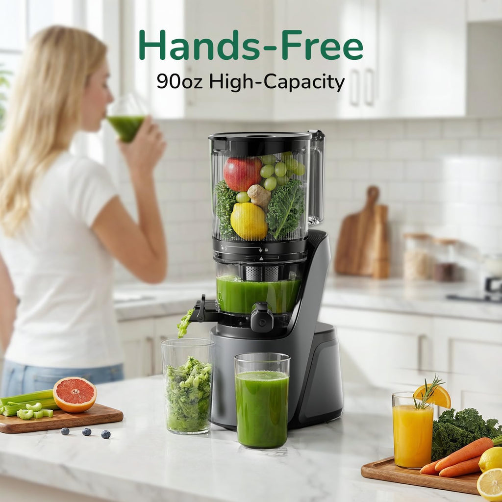 Canoly C16 Cold Press Juicer, 6' Extra Wide Feed Chute, 3-IN-1 Strainers (Juice & Sorbet & Nut Milk), Powerful AC Brushless Motor, Self Precut System, Juicer Machines with BPA-Free (Space Gray)