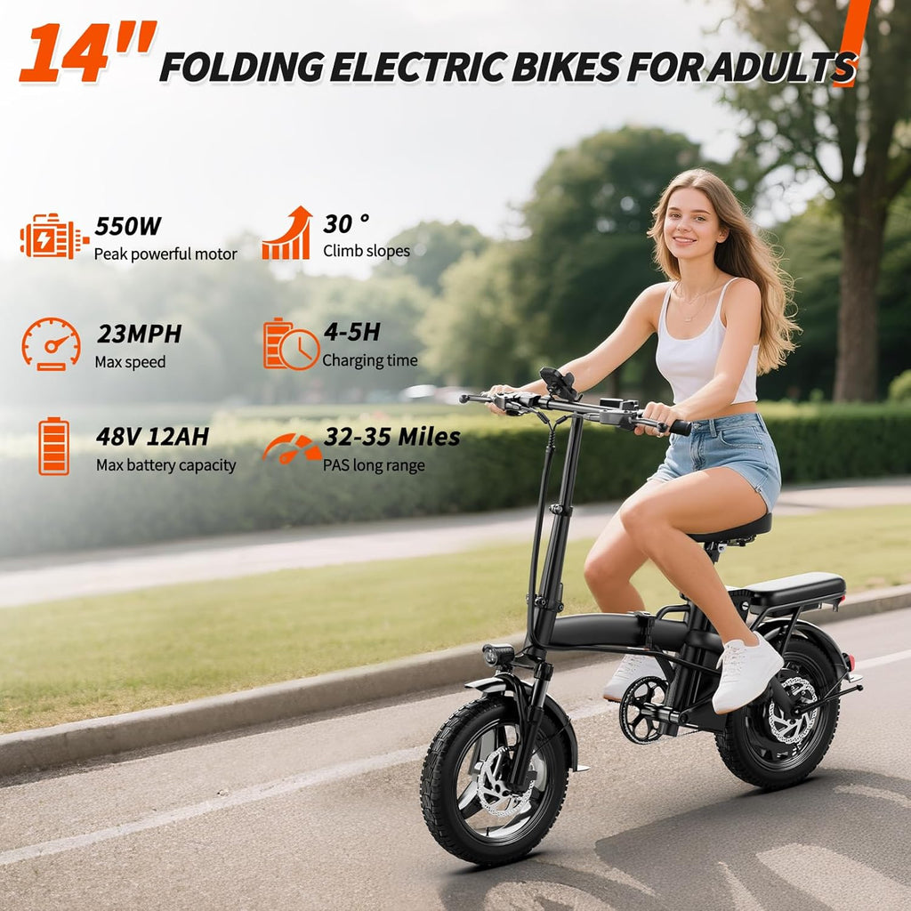 Electric Bike for Adults and Teens,550W Motor 23MPH Folding Ebike with 48V Removable Battery, 35Miles Range&PAS Mode with 14' Foldable Electric Bicycles, Electric Commuter Mini Bikes,UL 2849 Certified