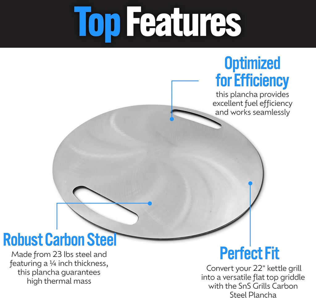 SnS Grills Slow 'N Sear Carbon Steel Flat Top Plancha Griddle - Rotating Durable Griddle for Kettle Grill BBQs - Outdoor Cooking Accessory - Fits 22' Kettles