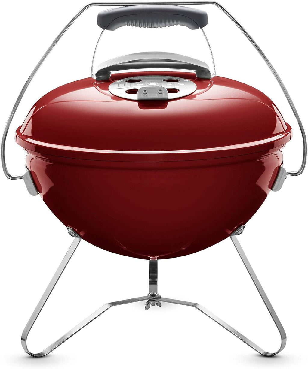 Weber Smokey Joe Premium Charcoal Grill Barbeque, 37cm | Portable BBQ Grill with Tuck-N-Carry Lid Cover & Plated Steel Legs | Folding Outdoor Cooker with Porcelain-Enamelled Bowl - Crimson (1123004)