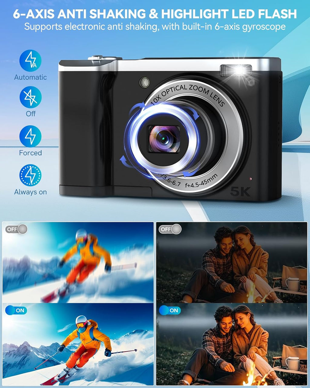 Digital Camera,5K 56MP Cameras for Photography Autofocus,Vlogging Compact Camera with Front and Rear Camera,10X Optical Zoom,6-Axis Anti-Shake,Touch Screen with 64GB SD Card,2 Batteries