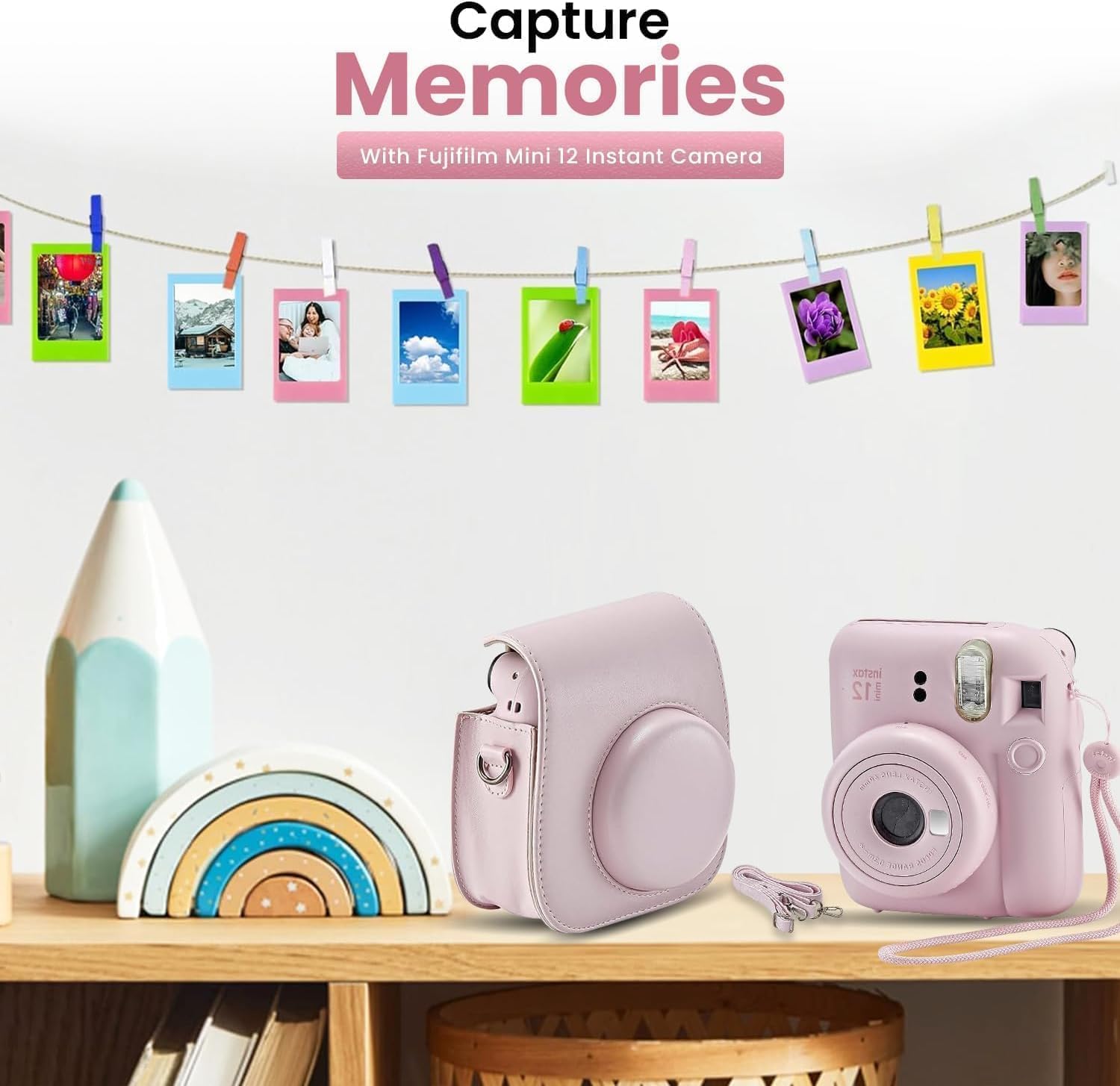 Fujifilm Instant Mini 12 Camera + Accessory Bundle & Compatible Custom Case + Fuji Instant (20 Shots) Designer Mini Photo Album (60 Pockets) (Blossom Pink)