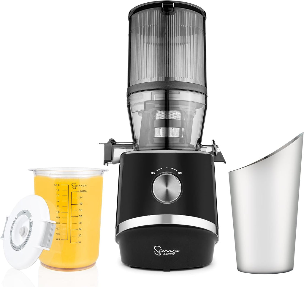 Sana 878 Self Feeding Batch Juicer | 3 Days of Cold Press Juicing Effortlessly | Most Convenient Juicer with Autopilot Configuration | Large Batch 2 Liter Capacity | Whole Fruits & Vegetables | Black