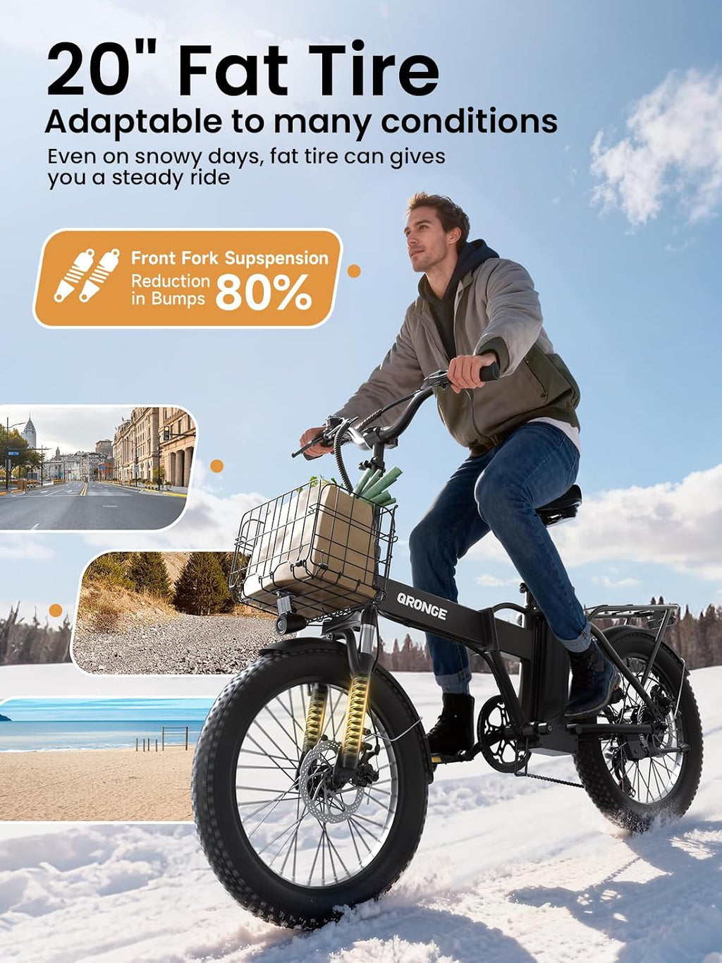 QRONGE Folding Electric Bike, E-Bike Foldable 1000W Peak, 48V 13.5AH Removable Battery Ebike, 20' Fat Tire, 70 Max Miles Range, 28maxMPH, Electric Bike for Adults, Adult Electric Bicycles for Commute