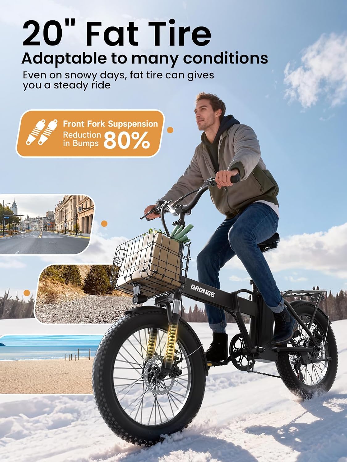 QRONGE Folding Electric Bike, E-Bike Foldable 1000W Peak, 48V 13.5AH Removable Battery Ebike, 20' Fat Tire, 70 Max Miles Range, 28maxMPH, Electric Bike for Adults, Adult Electric Bicycles for Commute