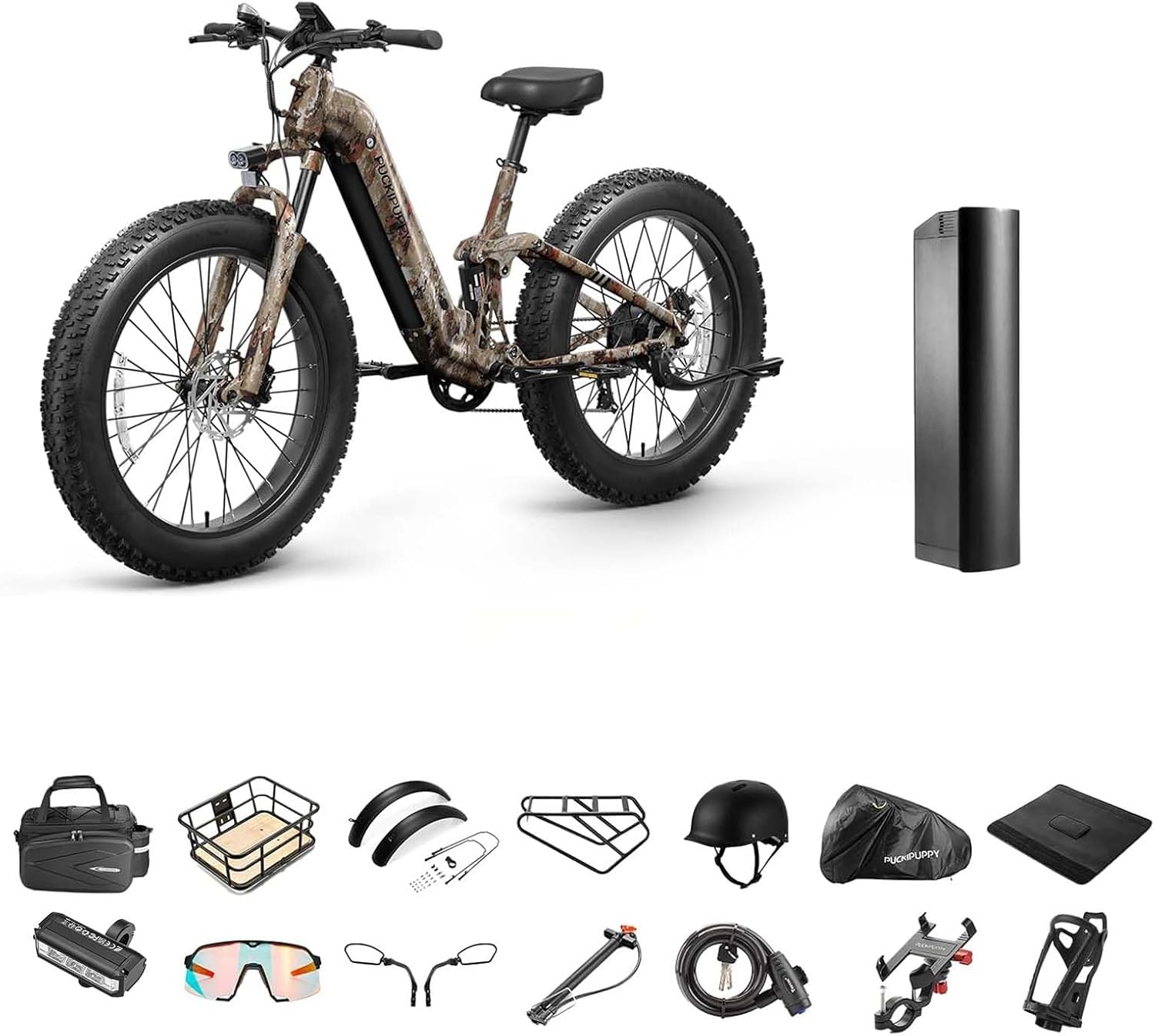 PUCKIPUPPY Parcel+Battery, Electric Bike for Adults 960W, 48V 20AH Battery Adult Electric Bicycles, 26' Fat Tire Full Suspension Step-Thru Ebike, 28MPH Mountain Ebike, 7 Speed, 80Miles Range