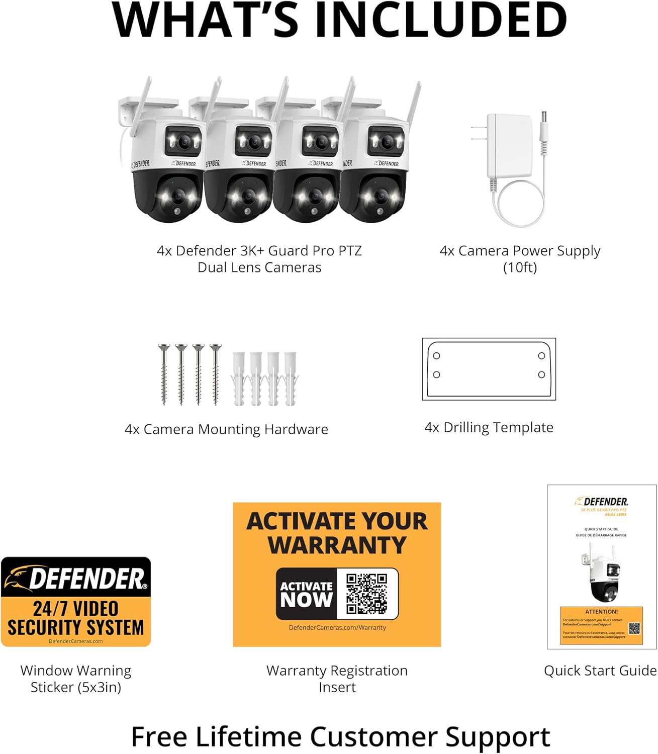 Defender AI Powered Guard Pro 3K Plus Dual Lens PTZ WiFi 6/Bluetooth Plug-in Power Security Camera, Human/Vehicle Detection, AI Auto-Tracking, Night Vision, Works w/Guard App, 4 Pack
