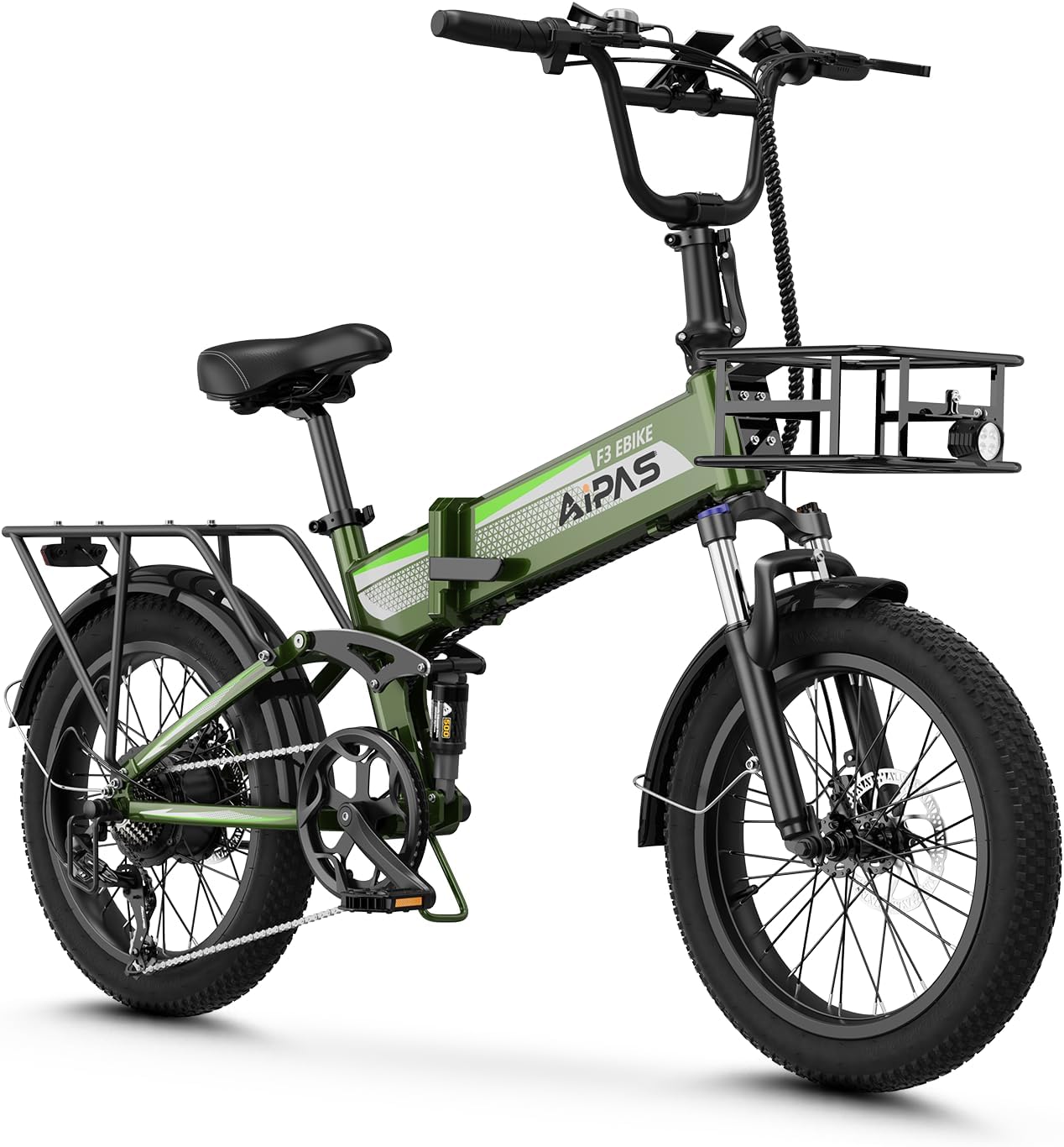 Aipas F3 Electric Bike for Adults with 1500W Motor Peak, 48V 12.8Ah Removable Battery Max 62 Miles 28MPH,20' x 3.0 Fat Tire Folding Electric Bike with 7-Speed and Full Suspension.