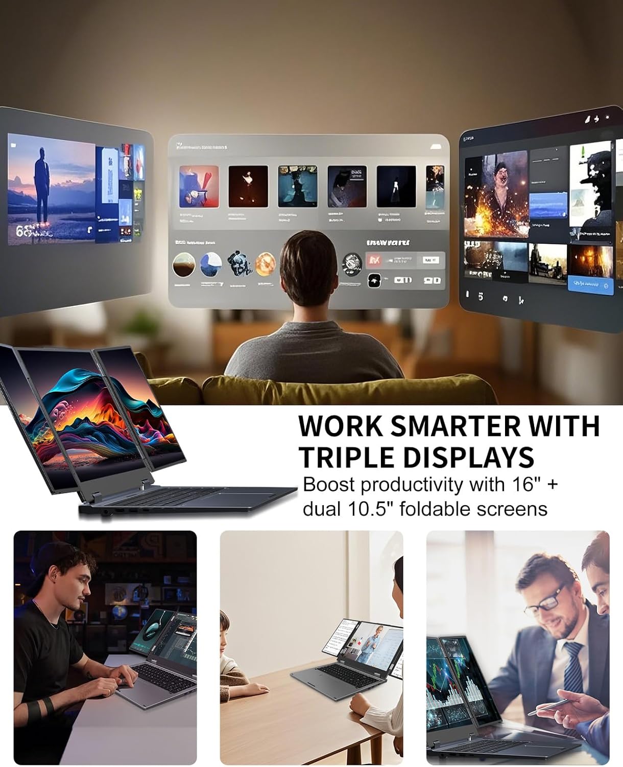 KOOFORWAY Triple Screen Laptop, 16' Main + Dual 10.5' Monitors, Core i7-12700H, 32GB RAM, 2TB SSD, Win 11 Pro, Wi-Fi 5, BT 5.0, Face & Fingerprint Unlock, USB-C, HDMI (16GB RAM + 1TB SSD)