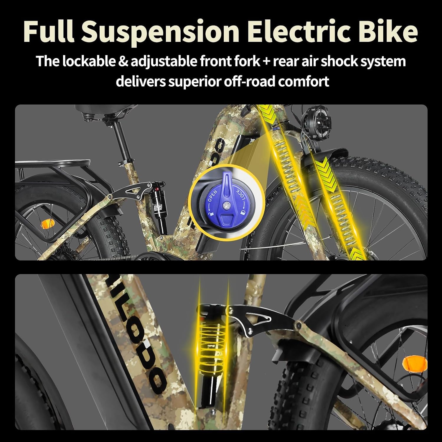 5000w Dual Motor Electric Bicycles, 60V Battery E-Bike with 45 MiIe P-Hour Electric Bike for Adults, 26 Fat Tire Hunting Ebike for All Terrain, Full Suspension Electric Ebike