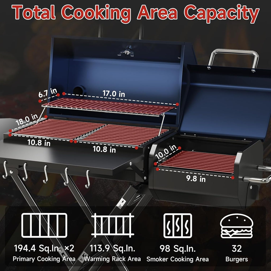 Portable Charcoal Grill with Smoking Function, Foldable Suitcase Design with Wheels, Multi-Tier Storage Rack & Waterproof Cover for Outdoor BBQ Parties (Blue)