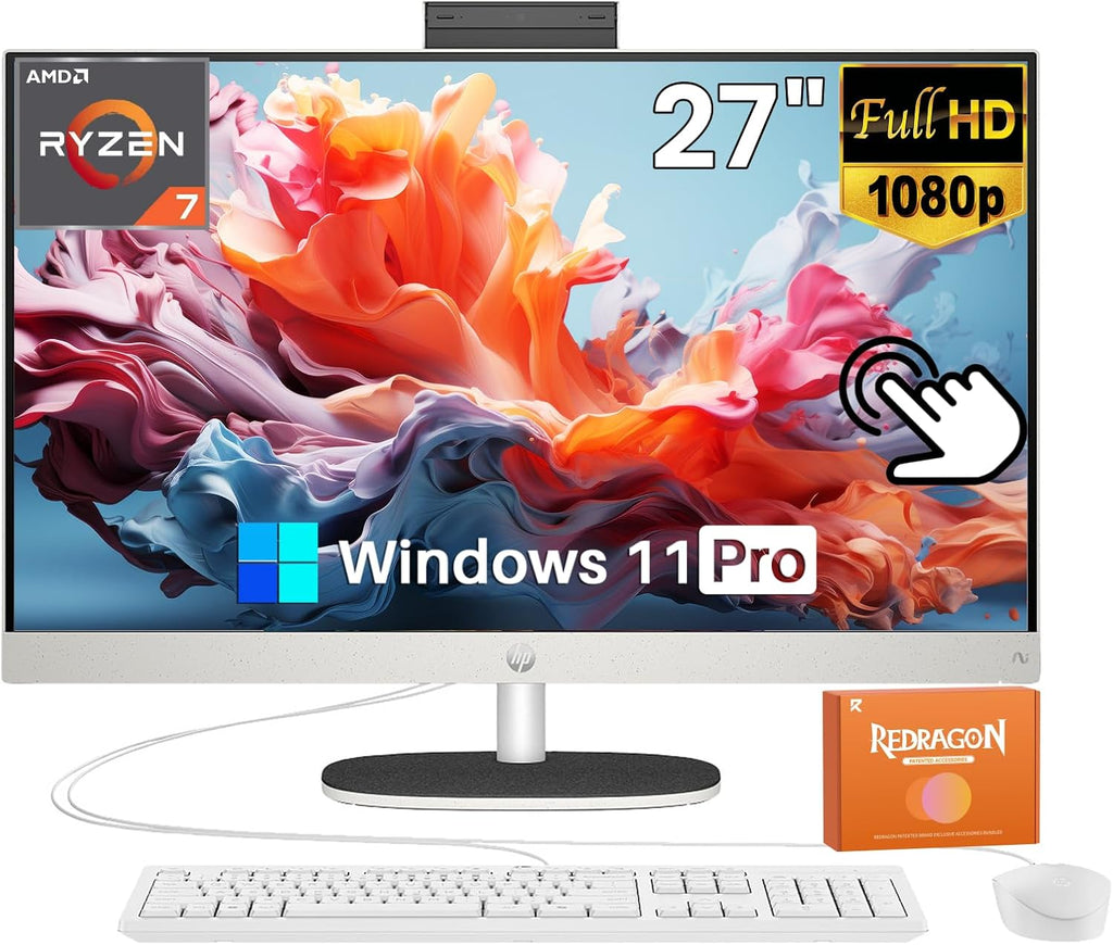 HP 27' All-in-One Touchscreen Desktop Computer, Next Gen AI PC, AMD Ryzen AI 7 350 (8-Core), 32GB DDR5, 2TB SSD, Webcam, Wi-Fi 6, Bluetooth 5.4, Wireless Keyboard & Mouse, Windows 11 Pro, Accessories