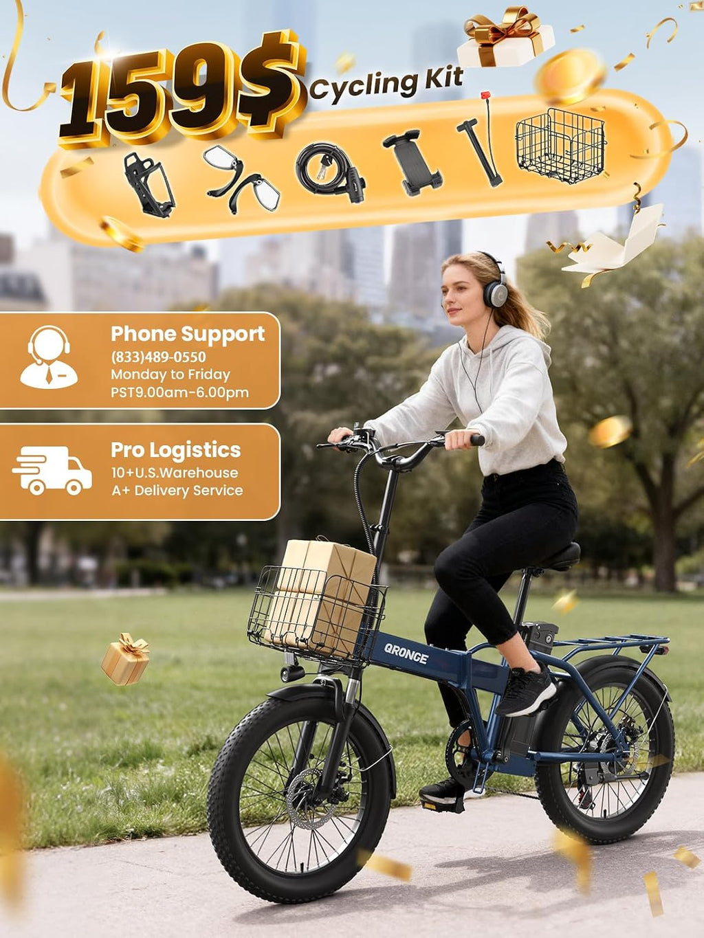 QRONGE Folding Electric Bike, E-Bike Foldable 1000W Peak, 48V 13.5AH Removable Battery Ebike, 20' Fat Tire, 70 Max Miles Range, 28maxMPH, Electric Bike for Adults, Adult Electric Bicycles for Commute