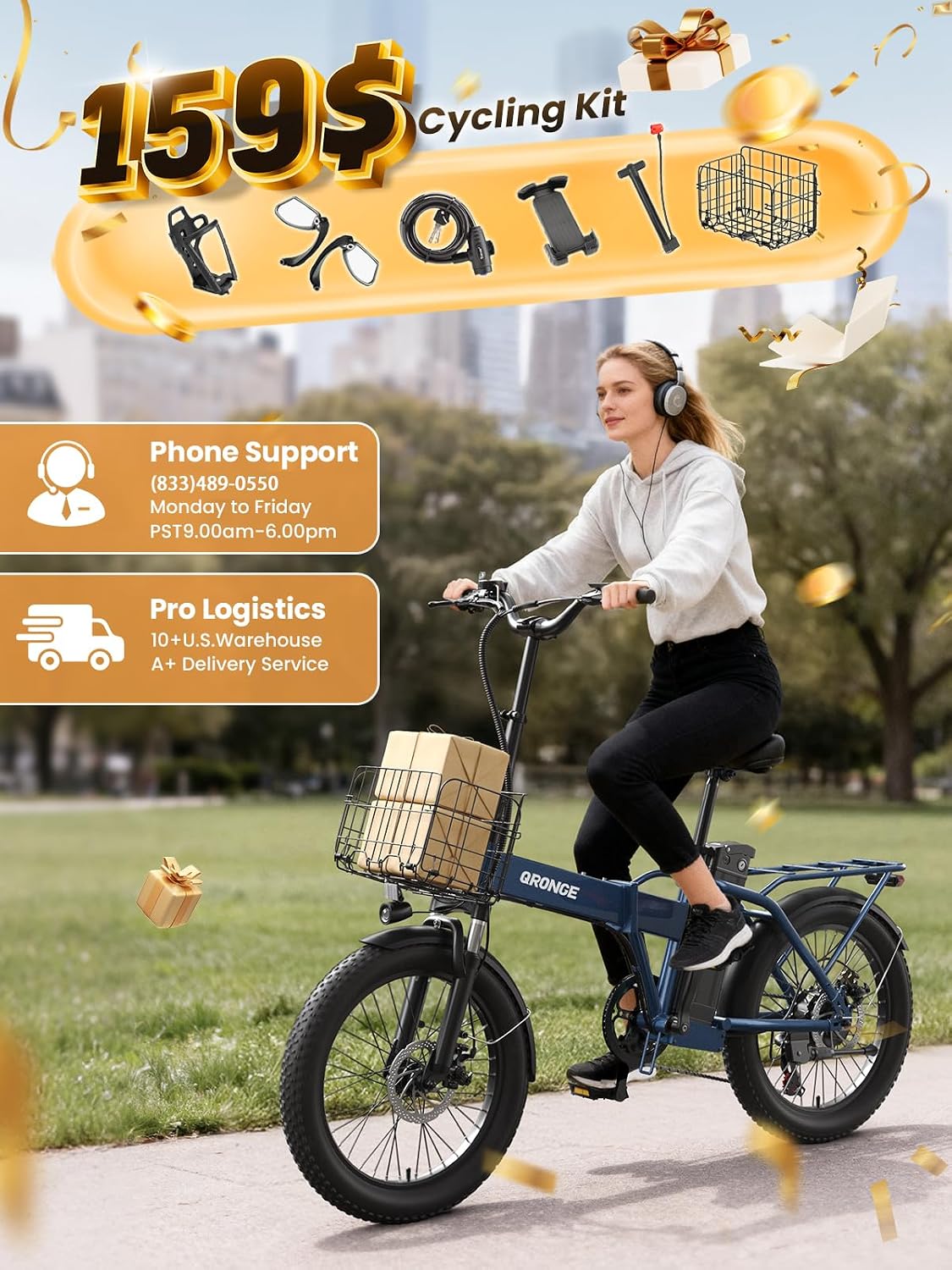 QRONGE Folding Electric Bike, E-Bike Foldable 1000W Peak, 48V 13.5AH Removable Battery Ebike, 20' Fat Tire, 70 Max Miles Range, 28maxMPH, Electric Bike for Adults, Adult Electric Bicycles for Commute