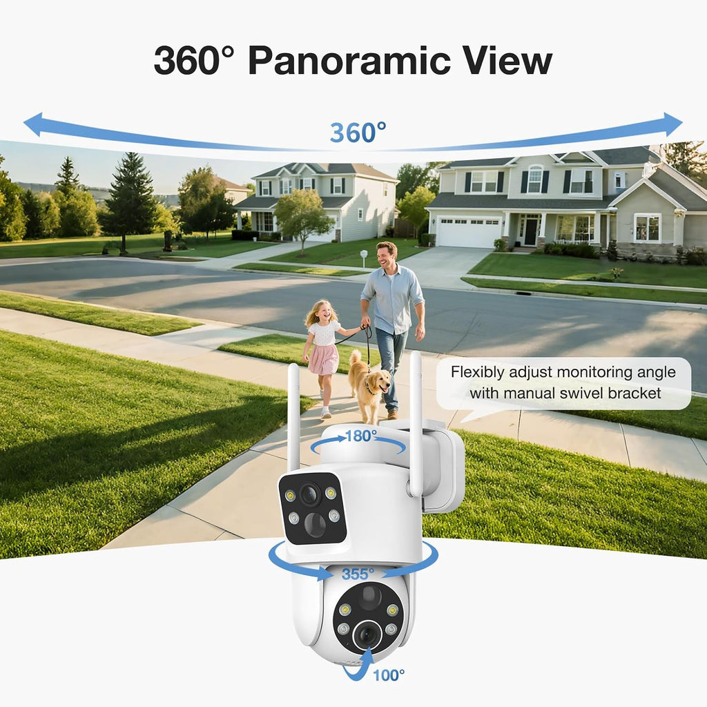 TKENPRO 2 Pack Dual Lens Solar Security Cameras Wireless Outdoor, 2K Full HD Video, 360° View Pan/Tilt Home Security Camera with Color Night Vision, Easy to Install （2pack）