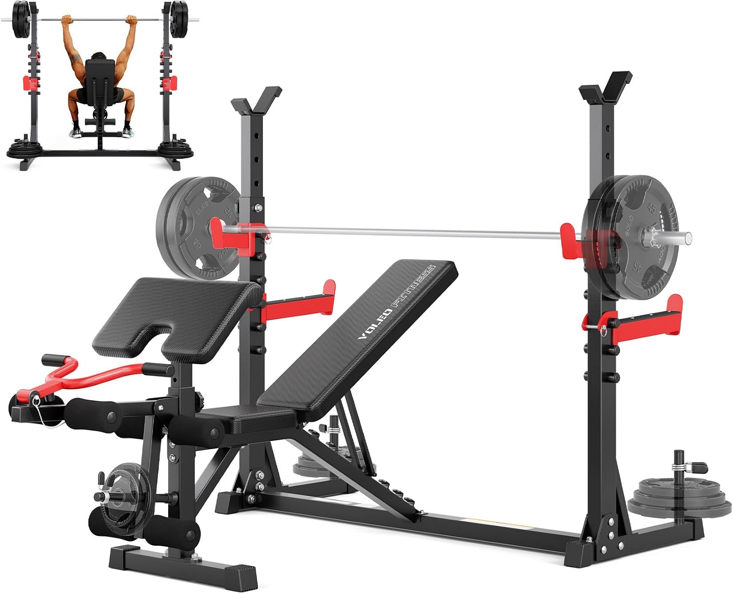 Yoleo Weight Bench with Rack - Bench Press Set, Leg Extension, Preacher Curl & Flat/Incline/Decline Full Body Workout Bench, Adjustable Olympic Weight Benches for Home Gym(47.44IN WIDE GRIP)