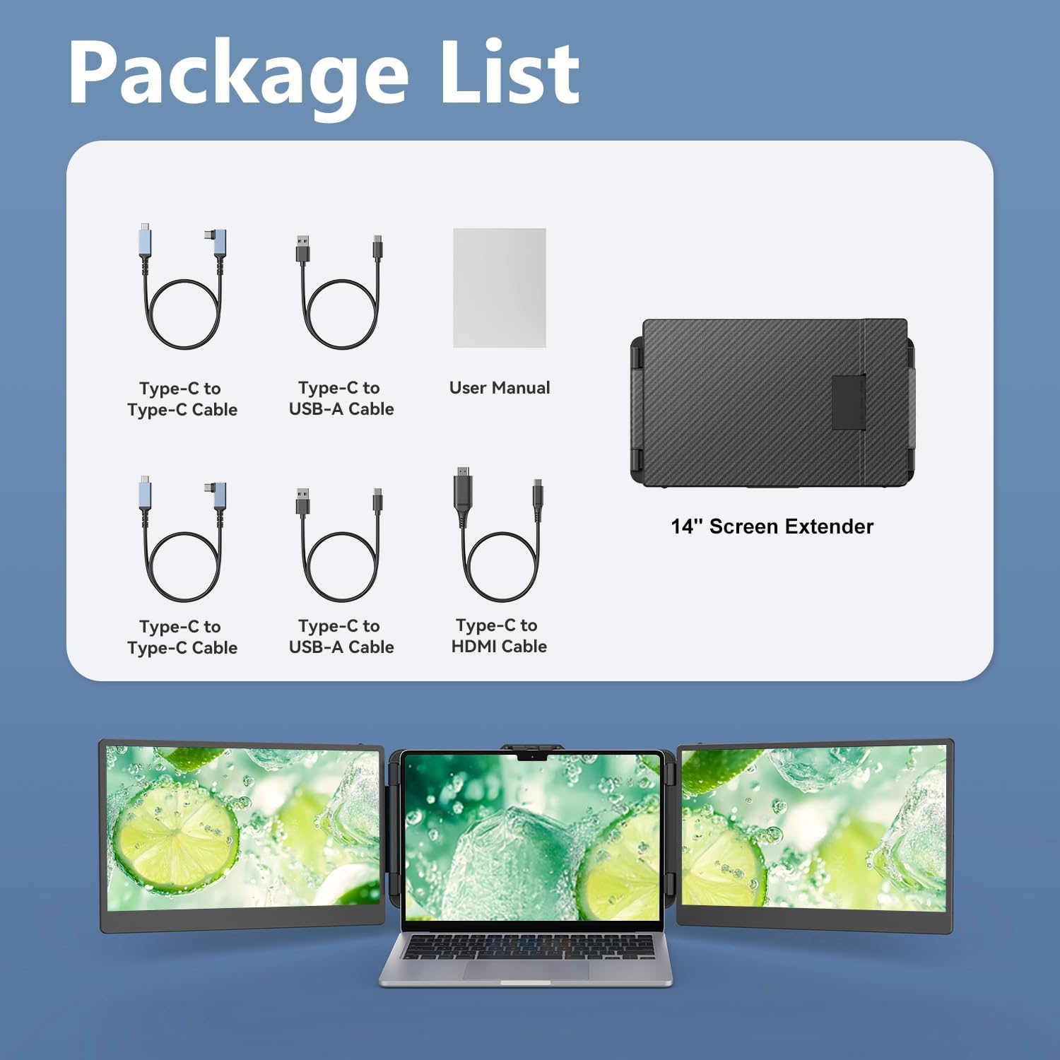 14'' Screen Extender Portable Laptop Plug-play, 1080P IPS Laptop Monitor Extender Built-in Speaker, HDMI/USB-A/Type-C Triple Monitor for 13''-17.3'' Laptops, Work with Mac, Windows, Chrome, Switch