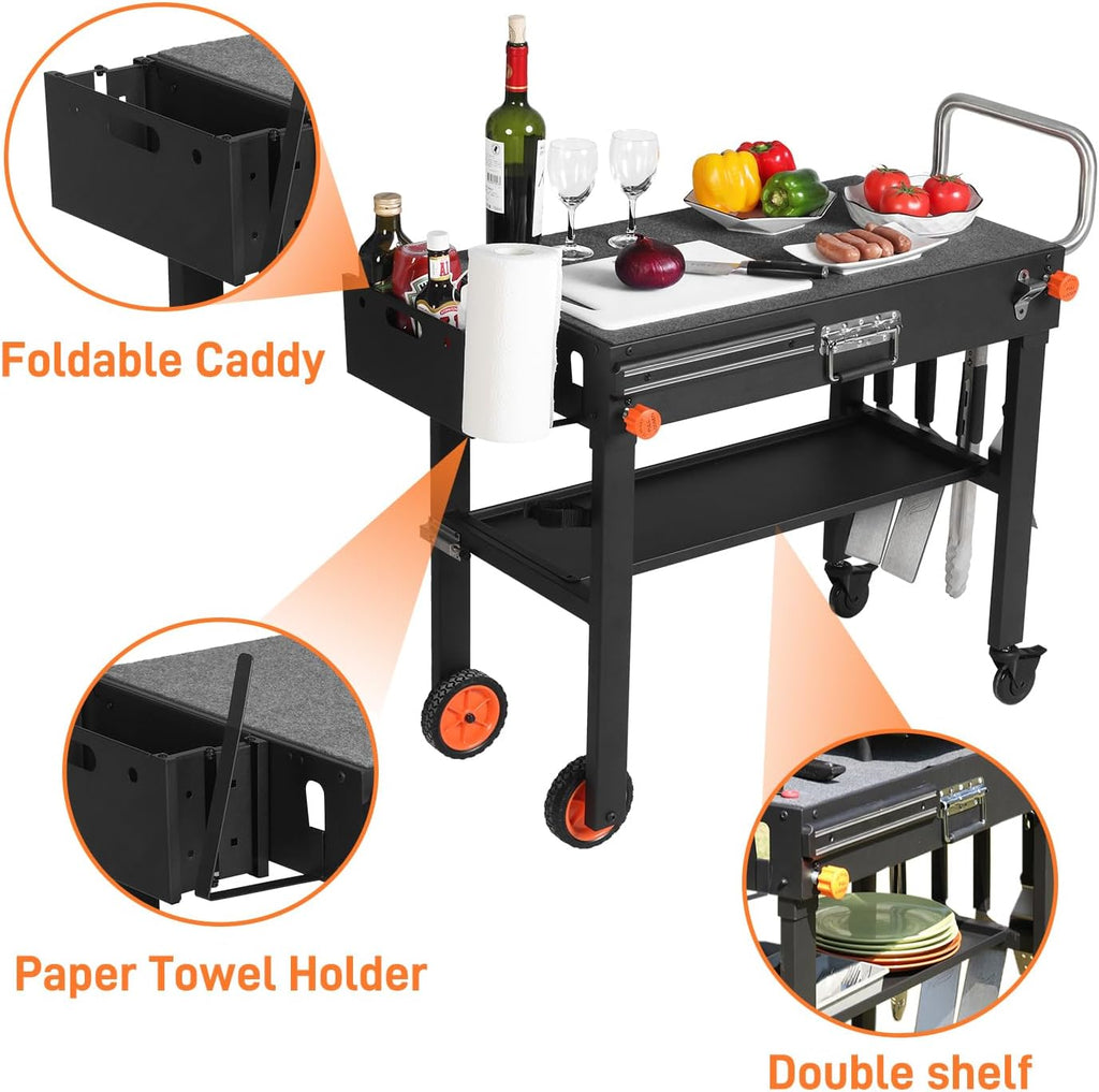 Outdoor Portable Grill Table Stand - Folding Prep Stand for 17' or 22' Blackstone Griddle, Large Space Blackstone Table with Wheels, Pizza Oven Cart for Ninja, Patio Grilling Backyard BBQ Grill Cart.