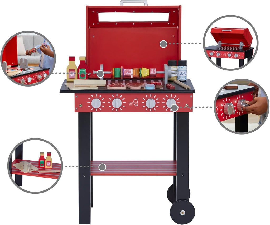 Teamson Kids Little Helper Backyard BBQ Grill Playset 25 Play Cooking Accessories, Pretend Play Kids Kitchen Preschool Playset, Red/Black